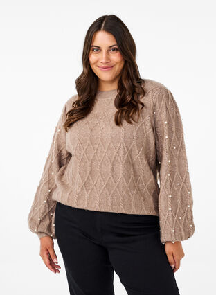 Zizzi Dzianinowy sweter ze wzorem i z perlami, Desert Taupe Mel., Model image number 0