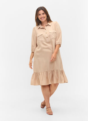 Zizzi Dress with ruffle trim and 3/4 sleeves, Humus, Model image number 2