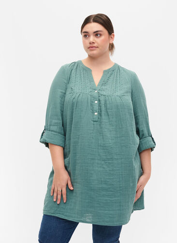 Zizzi Tunic in cotton with embroidery anglaise, Sea Pine, Model image number 0