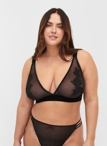 Zizzi Mesh bra with velour and lace, Black, Model image number 0