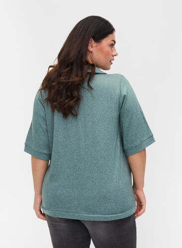 Zizzi Marled blouse with collar and 2/4 sleeves, Green Melange, Model image number 1