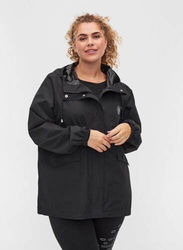 Zizzi Sporty hooded rain jacket with pockets, Black, Model image number 0