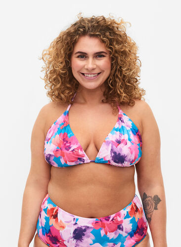 Zizzi Trójkatny biustonosz bikini z nadrukiem, Pink Flower, Model image number 0