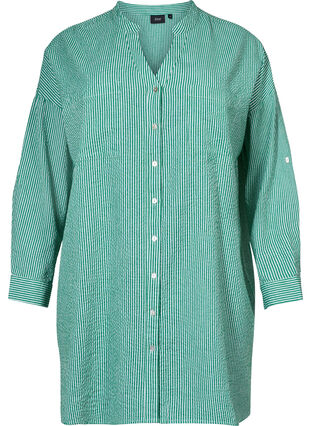 Zizzi Striped cotton shirt with 3/4 sleeves, Jolly Green Stripe, Packshot image number 0