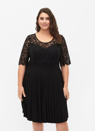 Zizzi Short sleeve dress with lace top, Black, Model image number 0