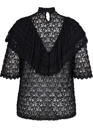 Zizzi Lace top with ruffles and 2/4 sleeves, Black, Packshot image number 1