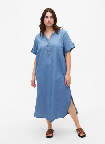 Zizzi Dzinsowa sukienka z rozcieciem i krótkimi rekawami, Blue denim, Model image number 0
