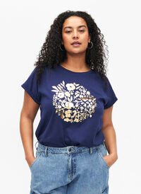 T-shirt z organicznej bawelny ze zlotym nadrukiem, Med.Blue Gold Flower, Model