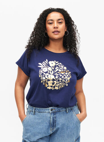 Zizzi T-shirt z organicznej bawelny ze zlotym nadrukiem, Med.Blue Gold Flower, Model image number 0