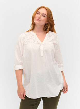 Zizzi Cotton blouse with lace details, Bright White, Model image number 0