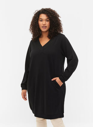 Zizzi Sweatshirt dress with v-neckline, Black, Model image number 0