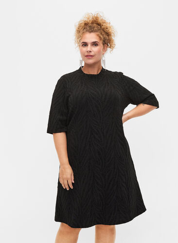 Zizzi Patterned dress with glitter and short sleeves, Black/Black Lurex, Model image number 0