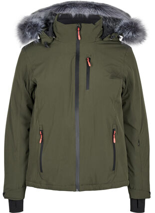 Zizzi Waterproof ski jacket with removable hood and faux-fur trim, Forest Night, Packshot image number 0