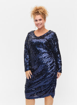 Zizzi Dress with sequins and v-neckline, Evening Blue, Model image number 0