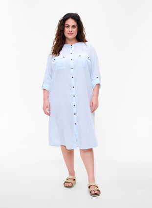 Zizzi Long striped cotton shirt dress, Blue Stripe, Model image number 0