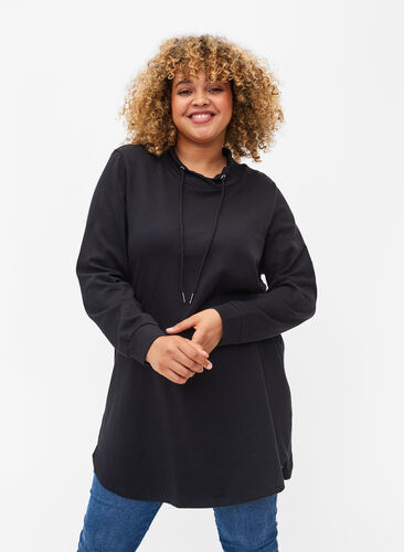 Zizzi Long-sleeved tunic with drawstrings, Black, Model image number 0