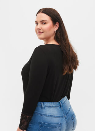 Zizzi Long-sleeved viscose blouse with lace detail, Black, Model image number 1