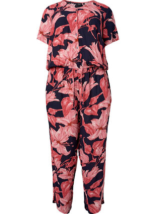 Zizzi Jumpsuit in viscose with short sleeves, N. Sky Sketch Flower, Packshot image number 0