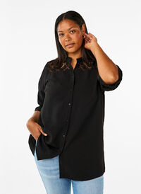 Dluga koszula z wiskozy z koronkowymi detalami, Black, Model