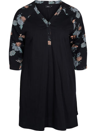 Zizzi cotton night dress with printed detail, Black Flower AOP, Packshot image number 0