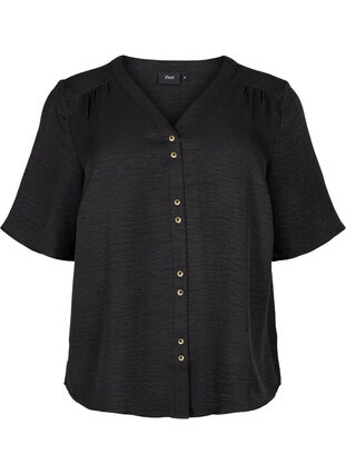 Zizzi Bluzka koszulowa z dekoltem w szpic i krótkimi rekawami, Black, Packshot image number 0