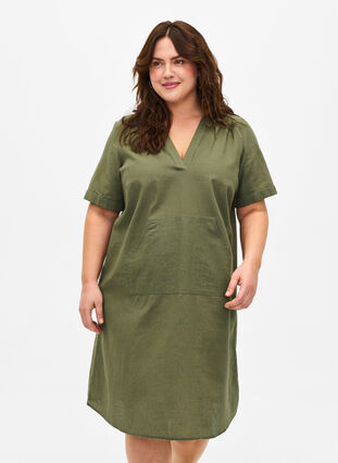 Zizzi Sukienka z kapturem z mieszanki bawelny i lnu, Deep Lichen Green, Model image number 0