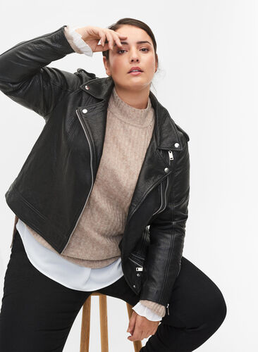 Zizzi Leather jacket with zip, Black, Model image number 1