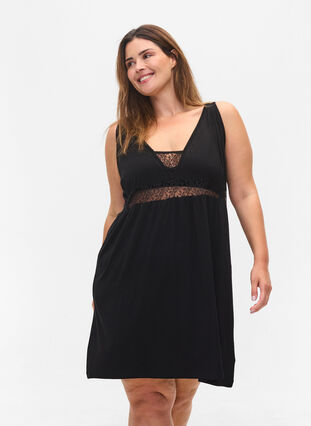 Zizzi Viscose night dress with lace details, Black, Model image number 0