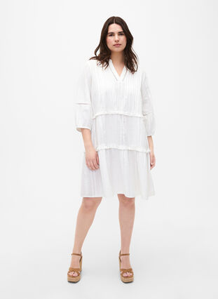 Zizzi Bawelniana sukienka z rekawem 3/4 i marszczeniami, Bright White, Model image number 2