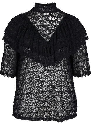 Zizzi Lace top with ruffles and 2/4 sleeves, Black, Packshot image number 0