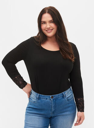 Zizzi Long-sleeved viscose blouse with lace detail, Black, Model image number 0