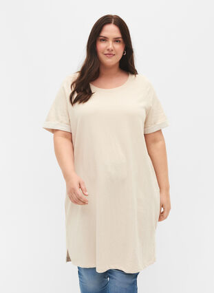 Zizzi Sweater dress with short sleeves and slits, Pumice Stone, Model image number 0