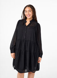 Krótka sukienka z faktura i falbaniastym kolnierzykiem, Black, Model