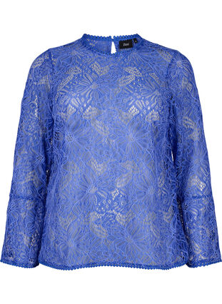 Zizzi Koronkowa bluzka z okraglym dekoltem i dlugimi rekawami, Dazzling Blue, Packshot image number 0