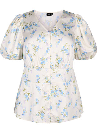 Zizzi Satynowa bluzka w kwiaty z bufiastymi rekawami, Off White Blue Fl., Packshot image number 0