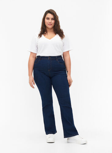 Zizzi FLASH – jeansy o wysokiej talii z rozcieciem na buty, Blue denim, Model image number 0