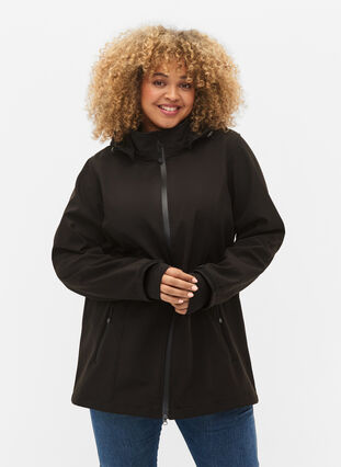 Zizzi Krótka kurtka softshell z odpinanym kapturem, Black, Model image number 0