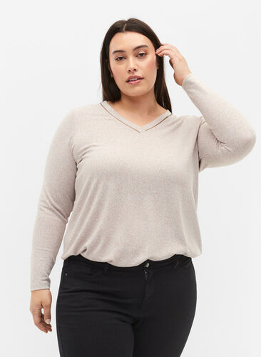 Zizzi Top with v-neck and long sleeves, Natural Mel., Model image number 0