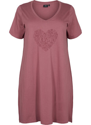 Zizzi Cotton nightdress with print, Rose Brown w. Heart, Packshot image number 0