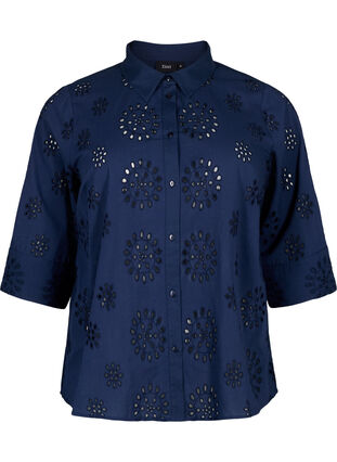 Zizzi Bluzka koszulowa z haftem angielskim i rekawem 3/4, Navy Blazer, Packshot image number 0