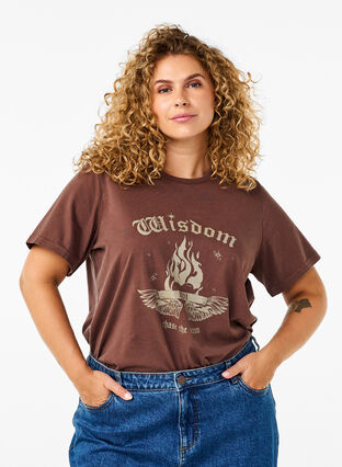 Zizzi T-shirt z nadrukiem uszyty z bawelny organicznej, Brown Wash W. Wisdom, Model image number 0