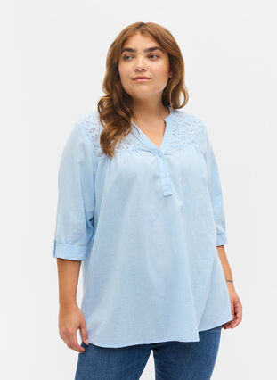 Zizzi Cotton blouse with lace details, Chambray Blue, Model image number 0