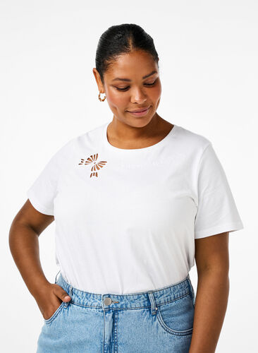 Zizzi T-shirt z bawelny organicznej z kokardka, Bright White, Model image number 0