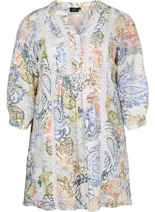 Zizzi 	 Printed viscose tunic with 3/4 sleeves, White Paisley AOP, Packshot image number 0