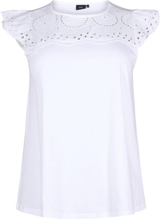 Zizzi T-shirt z organicznej bawelny z haftem angielskim, Bright White, Packshot image number 0