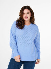 Dzianinowa bluzka z koronkowym wzorem, Cornflower Blue Mel., Model