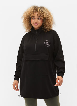 Zizzi Long sweatshirt with pocket and zipper, Black, Model image number 0