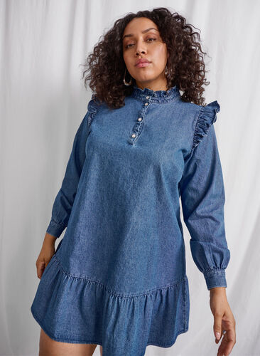 Zizzi Trapezowa jeansowa sukienka z marszczeniami, Blue Denim, Image image number 0