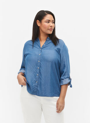 Zizzi Shirt with 3/4 sleeves and round neckline, Medium Blue Denim, Model image number 0