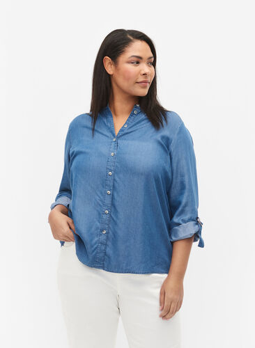 Zizzi Shirt with 3/4 sleeves and round neckline, Medium Blue Denim, Model image number 0